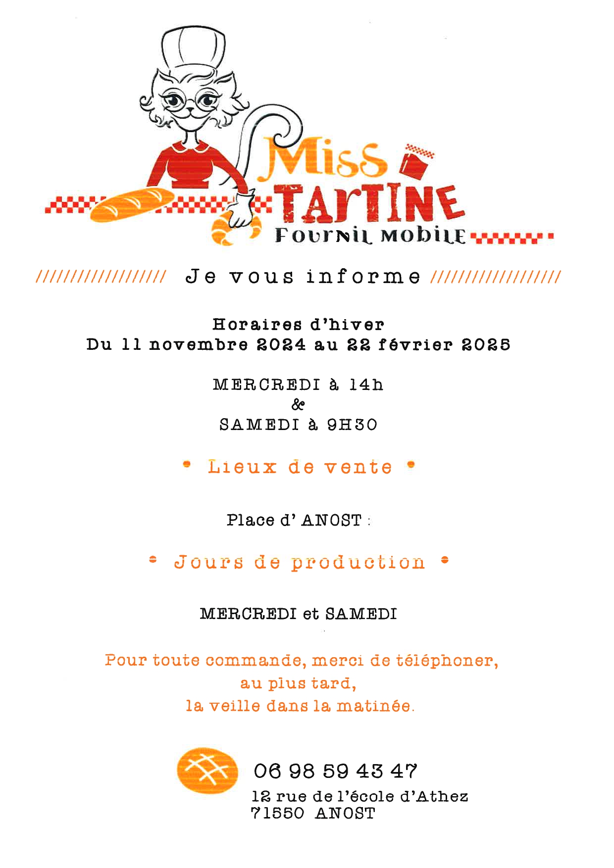 changement horaires miss tartine